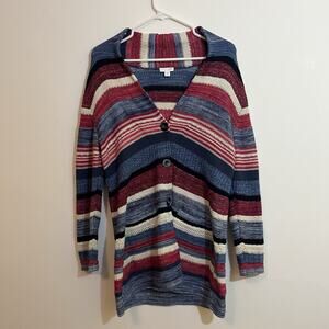 J. Jill Sweater Stripe Long Duster Linen‎ Cotton Blue Pink Buttons Small Petite